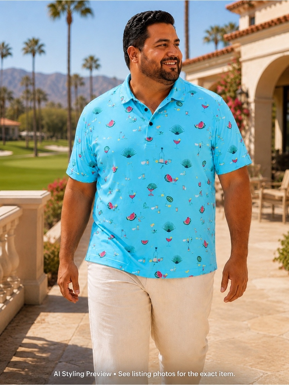William Murray Golf Men’s 3XL Aqua Cocktail Print Performance Golf Polo